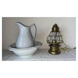 Brass Electric Lantern and Ceramic Pitcher & Bowl