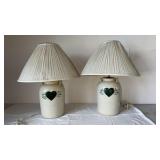 Pair Stoneware Table Lamps with Green Heart