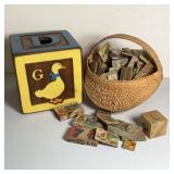 Large Wooden Toy Bank and Block Lot