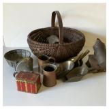 Primitive Basket with Brass Scoops and Tools