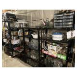 Three Metal Shelving Units With Housewares