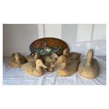 Eight Carved Duck Decoys and Wooden Plaque