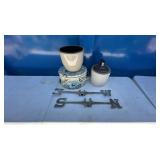 Stoneware, Tin Container, and Weathervane Set