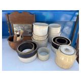 Stoneware Crocks and Wooden Towel Rack Lot