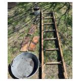 Jug, Wooden Ladder, Metal Tub & Boards Lot