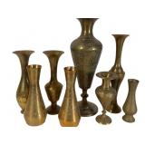 8 Etched Brass Vases, India, 12 in. H