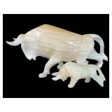 Carved White Onyx Stone Bulls
