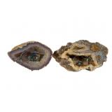 Two Polished Agate Geodes with Pewter Figurines
