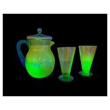 Tiffin Glass Vaseline Glass Pitcher with 2 Glasses