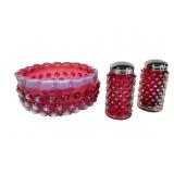 Fenton Hobnail Cranberry Opal Dish and S&P