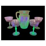 Uranium Vaseline Glass Pitcher and 4 Stems
