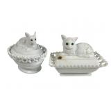 Two Lattice Rim Covered Milk Glass Cat Dishes