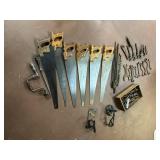 Tool Lot with Saws, Wrenches, and Brack