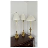 Three Brass Candlestick Lamps, One Marked Baldwin