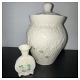 Belleek Cookie Jar and Bud Vase