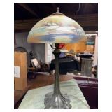 Reverse Painted Antique Table Lamp, SnowScene