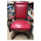 Antique Carved Office Chair w/ Red Upholstery