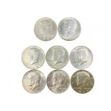 8 Kennedy Half Dollars Silver 1964 and 40%