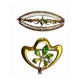 Two 14k Brooches: Peridot & Enamel with Pearl
