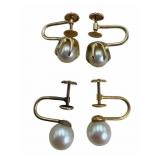 2 Pairs 14K & Pearl Screwback Earrings