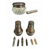 Sterling Shakers, Cut Glass Jar & Gold Pen Nib