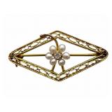 10k Diamond & Pearl Filigree Brooch