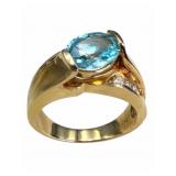 14k Gold Ring with Blue Topaz & Diamonds