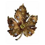 14k Gold Diamond and Citrine Leaf Brooch