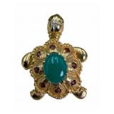 14k Chrysoprase, Diamond & Garnet Turtle Brooch
