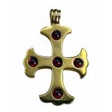 14k Gold Cross Pendant with Red Cabochons