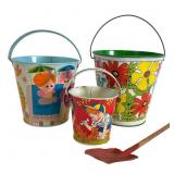 3 Vtg tin litho buckets & shovel