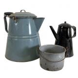 2 Enamelware Coffee Pots & Bucket