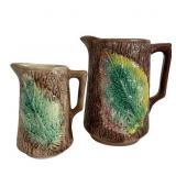 2 Majolica Bark & Leaf Pitchers