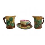 Two Etruscan Majolica Bamboo Creamers & Teacup
