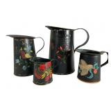 4 Vintage Hand Painted Toleware Pitchers