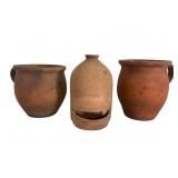 2 Clay Handled Vessels & Bird Feeder