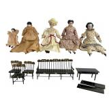 5 Antique China Head Dolls& PA Dutch Doll Furn