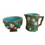 George Jones Majolica Blossom Sugar Bowl and Cream