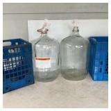 2 Glass Carboys & 2 Blue Plastic Crates