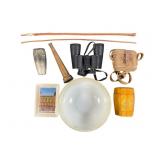 Nikon Binoculars, Pyrex Bowl & Brass