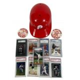 Phillies Helmet, Buttons & 9 Graded Cards Lot