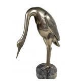 Silver-Toned Crane Figurine on Marble Base