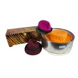 5 Hats in Hat Box with Necklace & Decorative