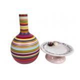 Cake Stand & 12" Striped Ceramic Vase