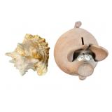 Conch Shell & Signed Pottery Piggy Bank