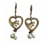 14k Pearl Heart Dangle Earrings