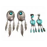2 Pair Silver & Turquoise Dangle Earrings