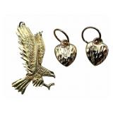 14k Gold Eagle & Heart Pendants Set