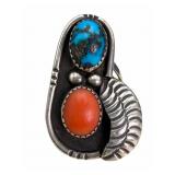 Sterling Turquoise & Coral Artisan Ring