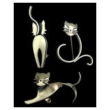 3 Beau Sterling Cat Brooches
